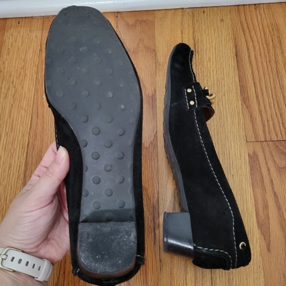 Talbots Piper 2 Women's Suede Heeled Loafers Black Size 7B Gold Chain Stitching‎ - Picture 8 of 11